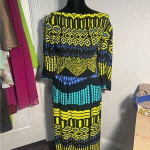 Geometric Long Sleeve Dress in Yellow and Blue